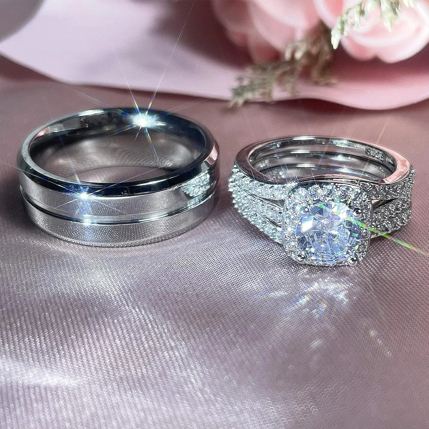 Couples Rings His Hers Women's CZ Engagement 18K White Gold Filled Bridal Ring Sets & Men's Titanium Steel Wedding Band