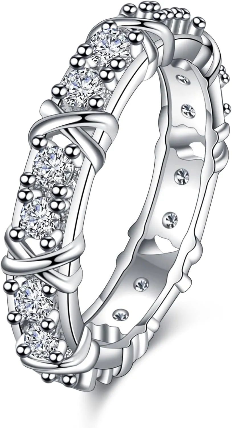 Cross XO Ring, Platinum-Plated Moissanite Ring, Roman Cross Design, Couple Wedding Band, Fashion Jewelry