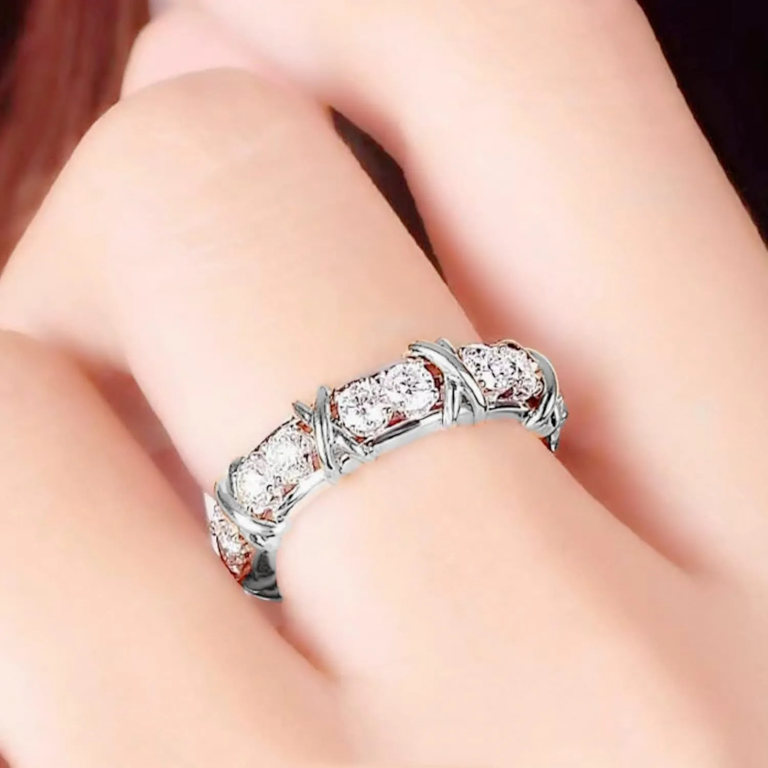 Cross XO Ring, Platinum-Plated Moissanite Ring, Roman Cross Design, Couple Wedding Band, Fashion Jewelry