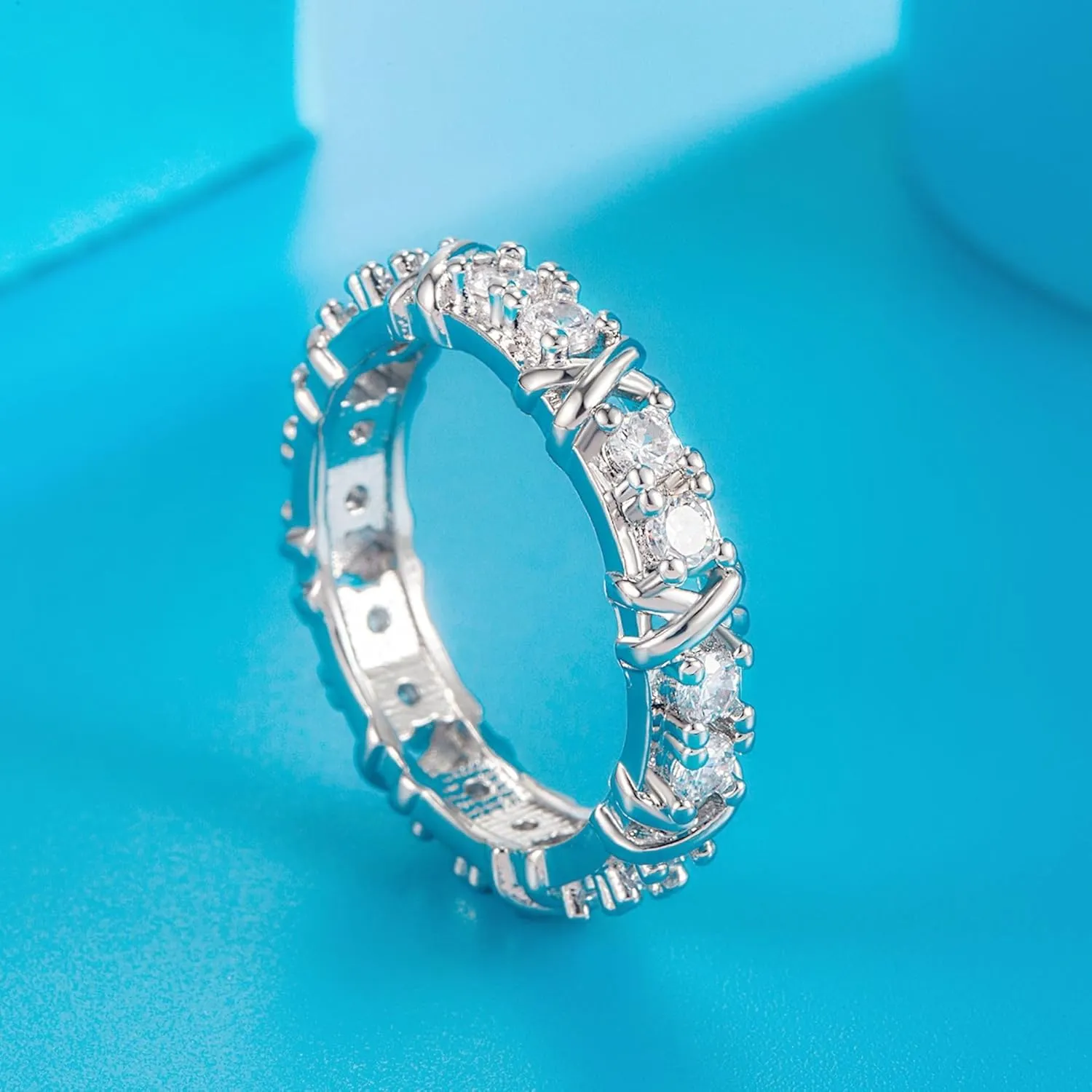Cross XO Ring, Platinum-Plated Moissanite Ring, Roman Cross Design, Couple Wedding Band, Fashion Jewelry