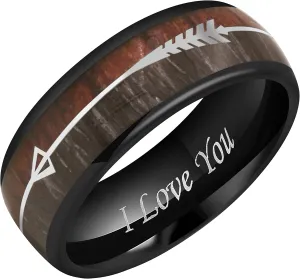 CROWNAL 6mm 8mm Tungsten Koa Wood Zebra Wood Arrows Meteorite Inlay Vikings Hunting Ring Band Silver/Black/Rose Gold Engraved I Love You Size 5 To 17