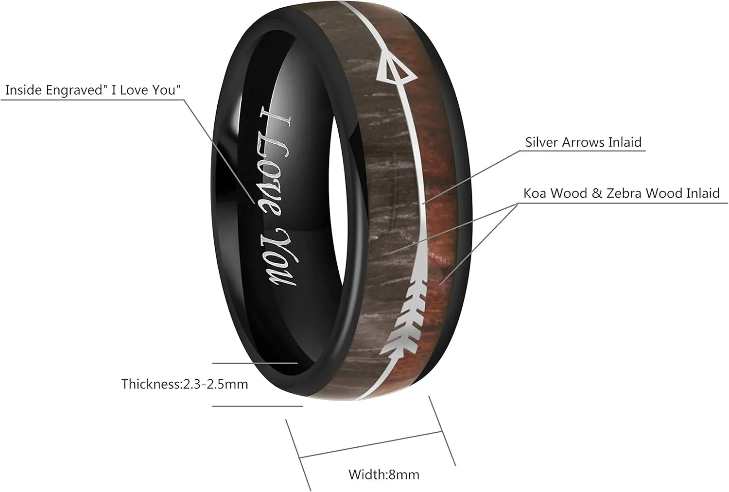 CROWNAL 6mm 8mm Tungsten Koa Wood Zebra Wood Arrows Meteorite Inlay Vikings Hunting Ring Band Silver/Black/Rose Gold Engraved I Love You Size 5 To 17