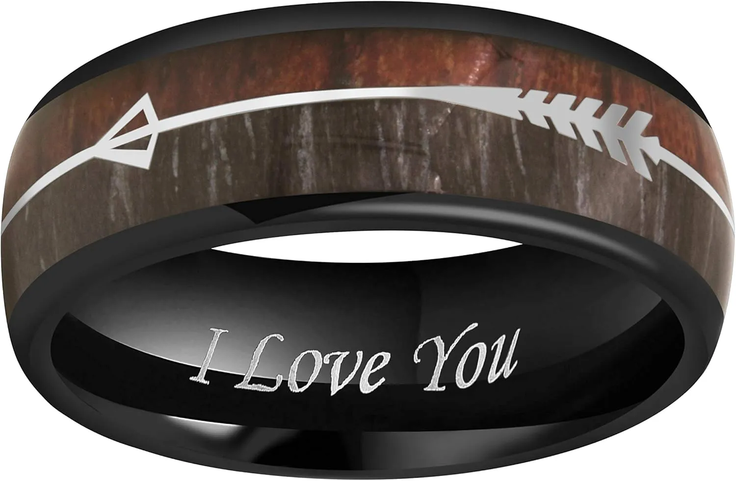 CROWNAL 6mm 8mm Tungsten Koa Wood Zebra Wood Arrows Meteorite Inlay Vikings Hunting Ring Band Silver/Black/Rose Gold Engraved I Love You Size 5 To 17