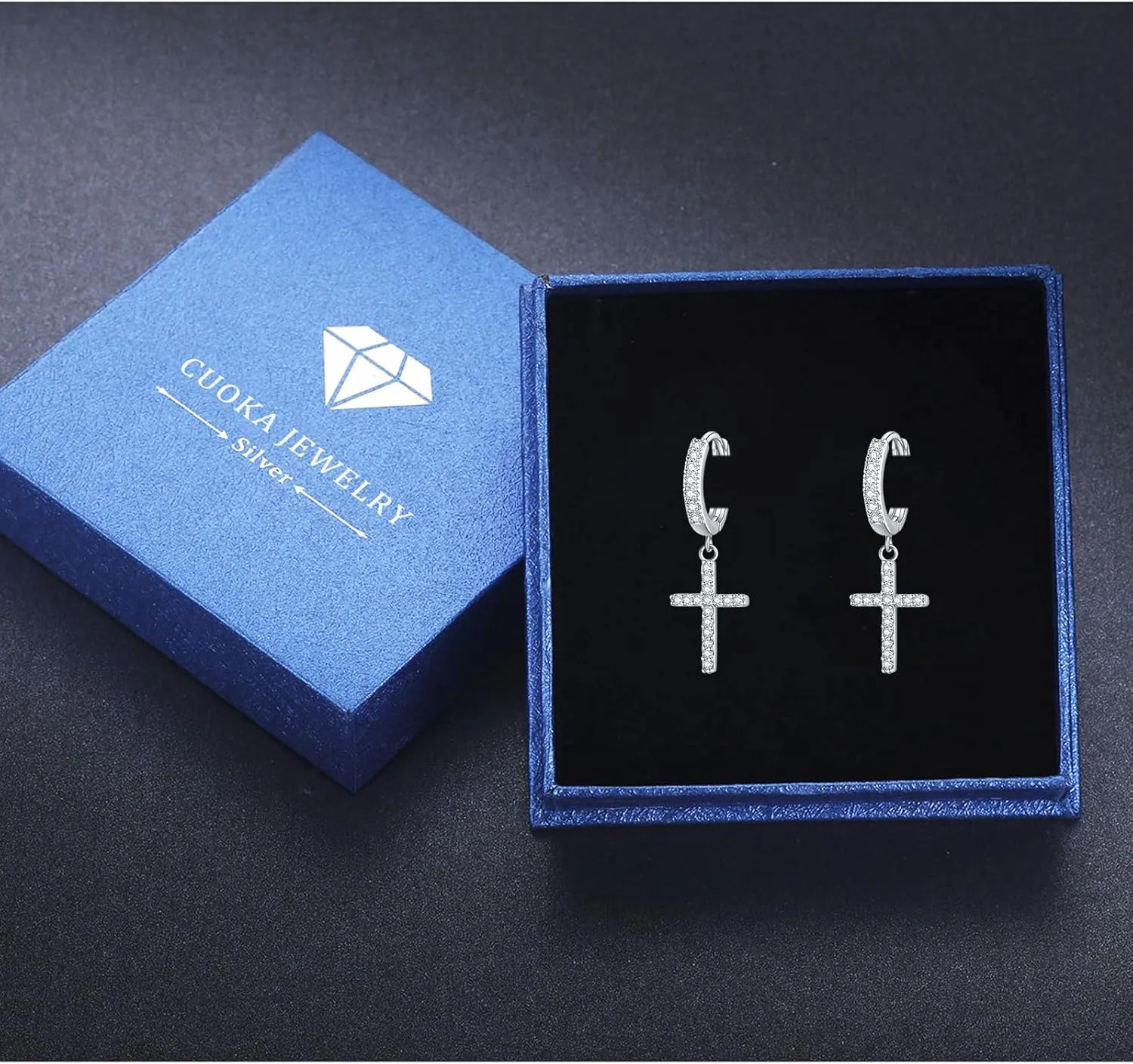 Cuoka Angel Wings,Feather Cross Earrings 925 Sterling Silver Unisex Hanging Dangle Drop Earrings,Small Hoop Earrings Jewelry for Women Men