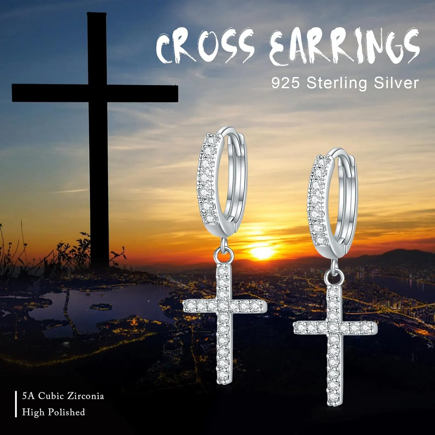 Cuoka Angel Wings,Feather Cross Earrings 925 Sterling Silver Unisex Hanging Dangle Drop Earrings,Small Hoop Earrings Jewelry for Women Men