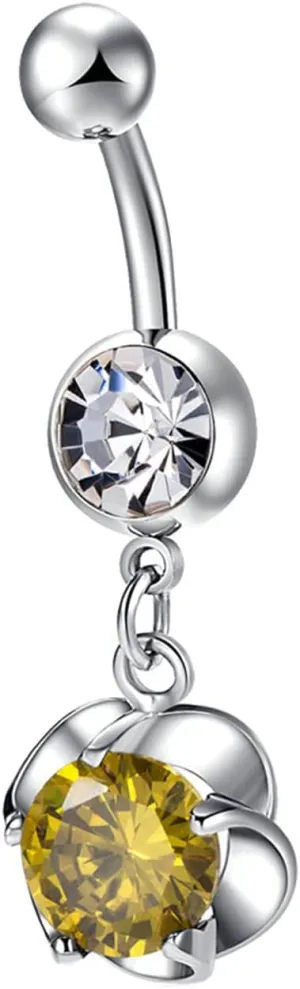 Cute Stainless Steel Belly Button Rings, Body Piercing Rings for Women Hollow Flower with Cubic Zirconia