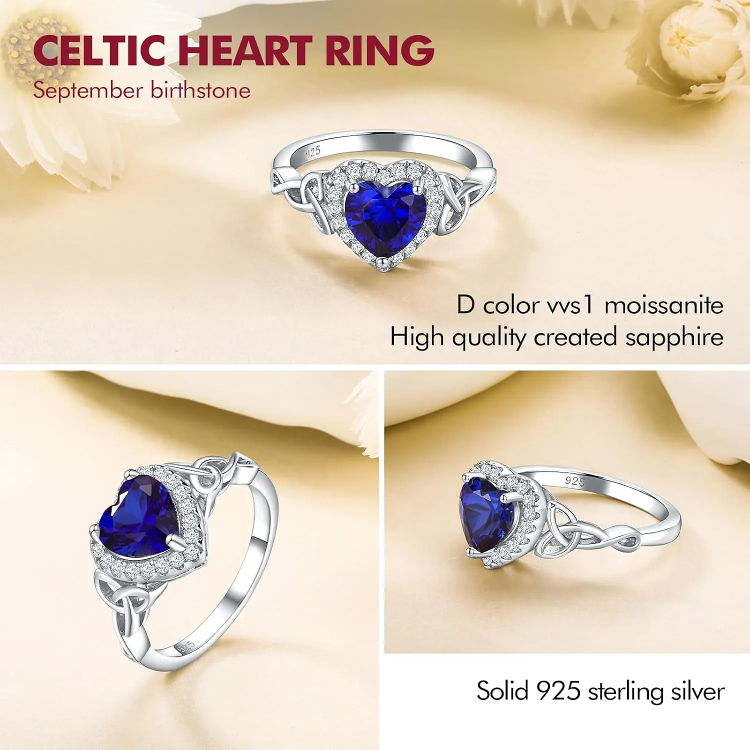 DAYBYDAY Celtic Birthstone Rings for Women 925 Sterling Silver Heart/Round/Pear/Oval Created Gemstone Moissanite Halo Engagement Promise Rings for Her Wife Birthday Anniversary Wedding Jewelry