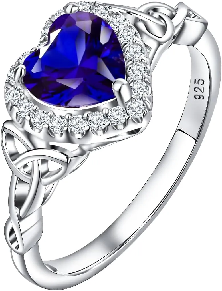 DAYBYDAY Celtic Birthstone Rings for Women 925 Sterling Silver Heart/Round/Pear/Oval Created Gemstone Moissanite Halo Engagement Promise Rings for Her Wife Birthday Anniversary Wedding Jewelry