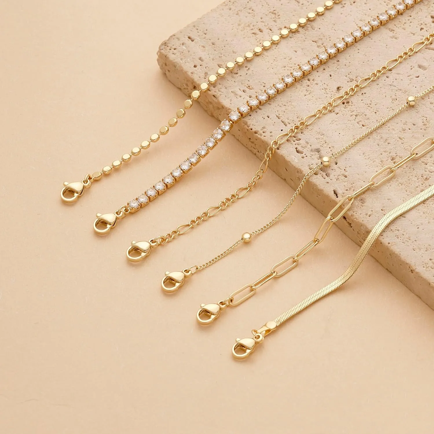 DEARMAY Waterproof Gold Bracelets Set for Women Trendy, Dainty 14K Real Gold Plated Jewelry Fashion Stackable Tennis Beaded Figaro Herringbone Paperclip Link Bracelet Pack Stack Gifts for Women
