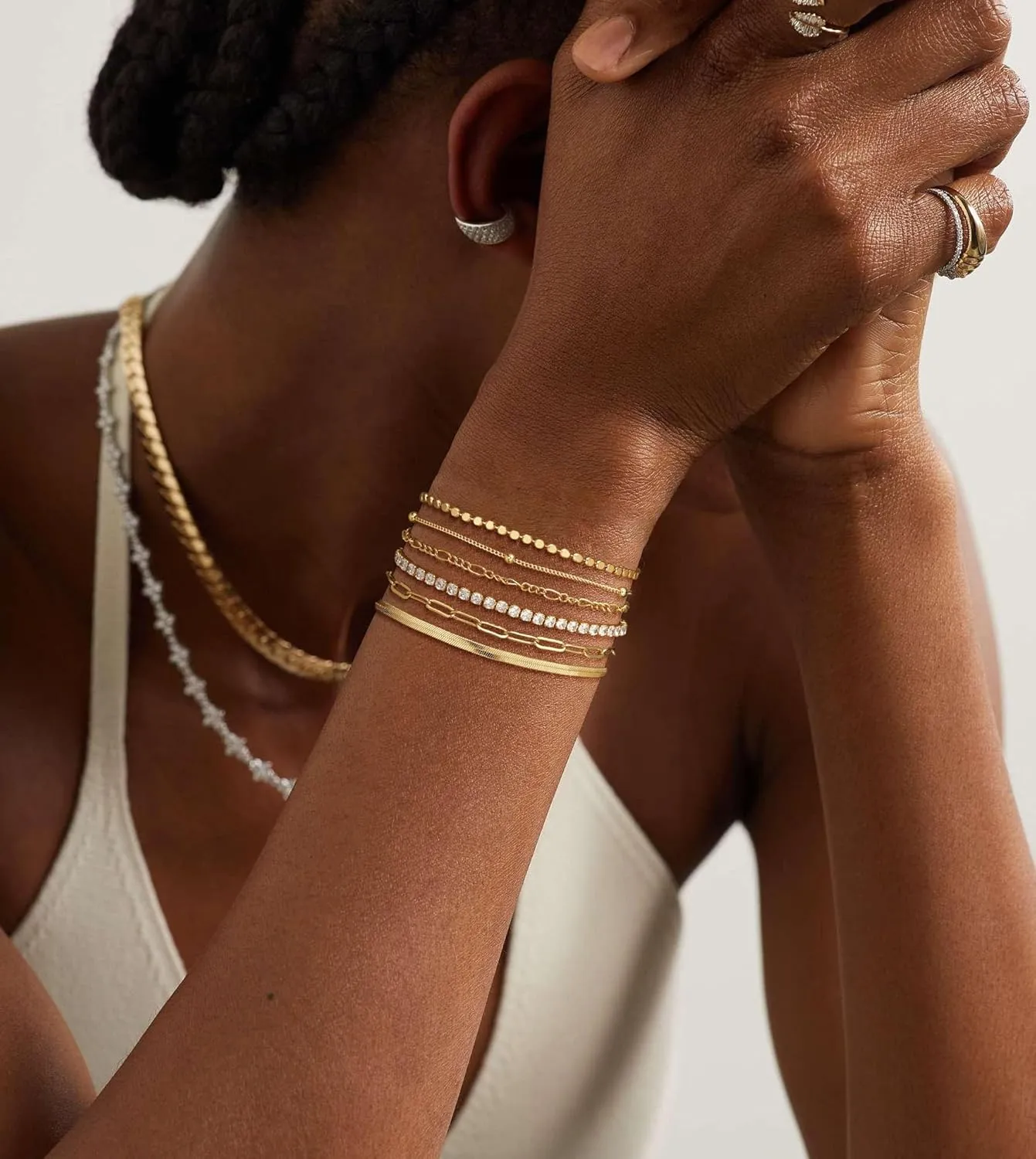 DEARMAY Waterproof Gold Bracelets Set for Women Trendy, Dainty 14K Real Gold Plated Jewelry Fashion Stackable Tennis Beaded Figaro Herringbone Paperclip Link Bracelet Pack Stack Gifts for Women