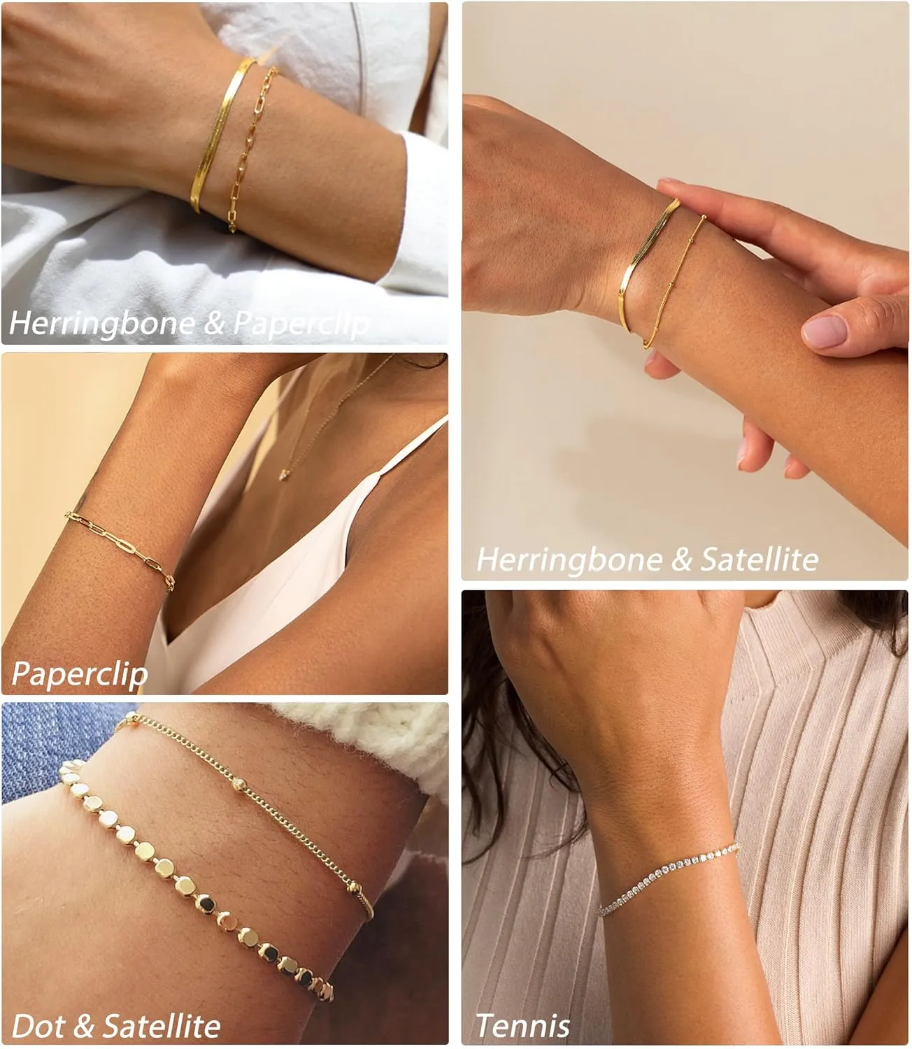 DEARMAY Waterproof Gold Bracelets Set for Women Trendy, Dainty 14K Real Gold Plated Jewelry Fashion Stackable Tennis Beaded Figaro Herringbone Paperclip Link Bracelet Pack Stack Gifts for Women