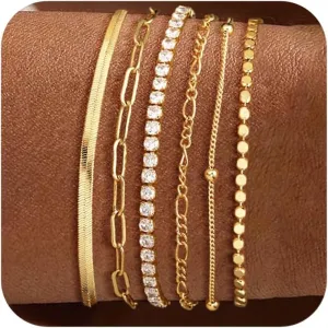 DEARMAY Waterproof Gold Bracelets Set for Women Trendy, Dainty 14K Real Gold Plated Jewelry Fashion Stackable Tennis Beaded Figaro Herringbone Paperclip Link Bracelet Pack Stack Gifts for Women