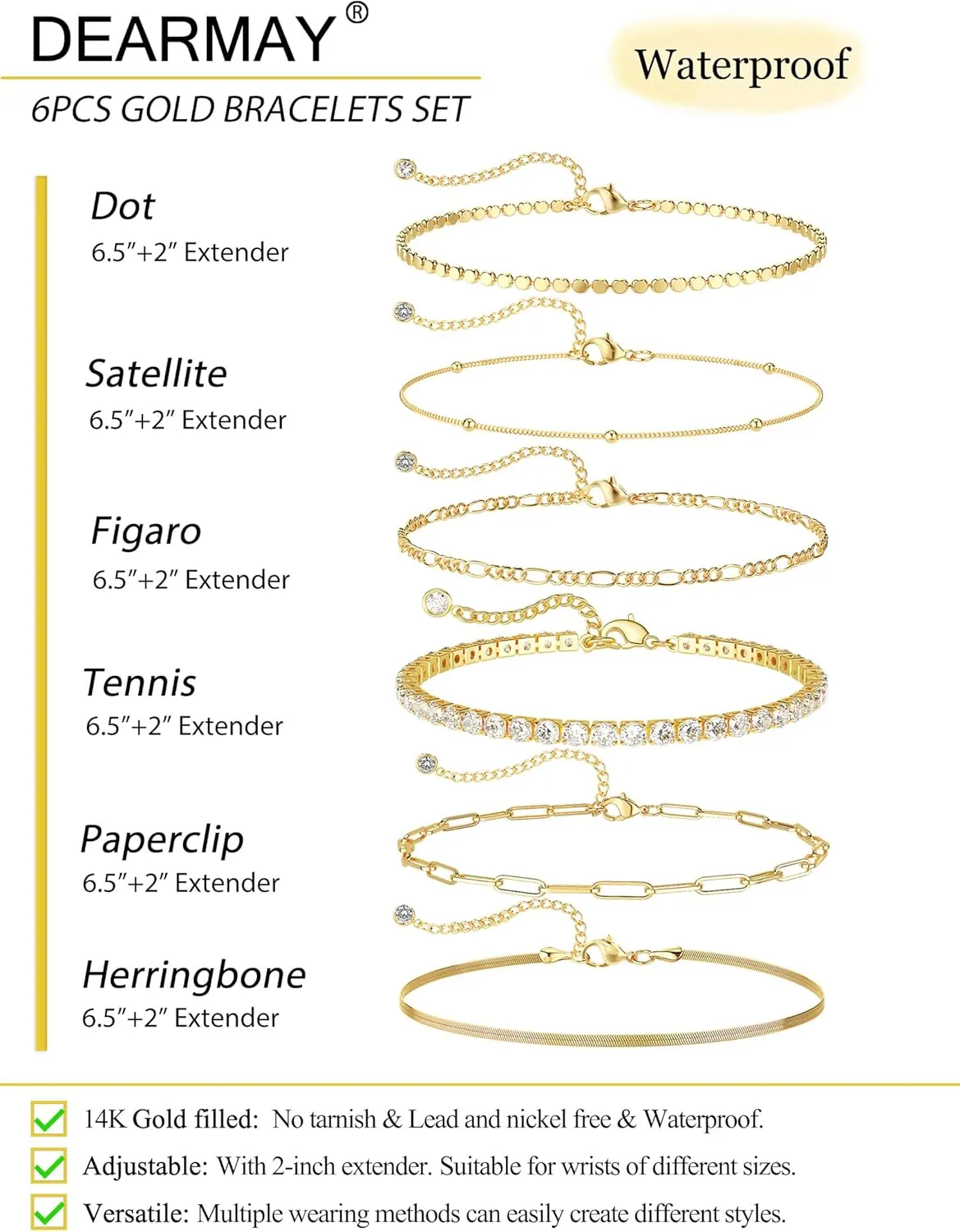 DEARMAY Waterproof Gold Bracelets Set for Women Trendy, Dainty 14K Real Gold Plated Jewelry Fashion Stackable Tennis Beaded Figaro Herringbone Paperclip Link Bracelet Pack Stack Gifts for Women