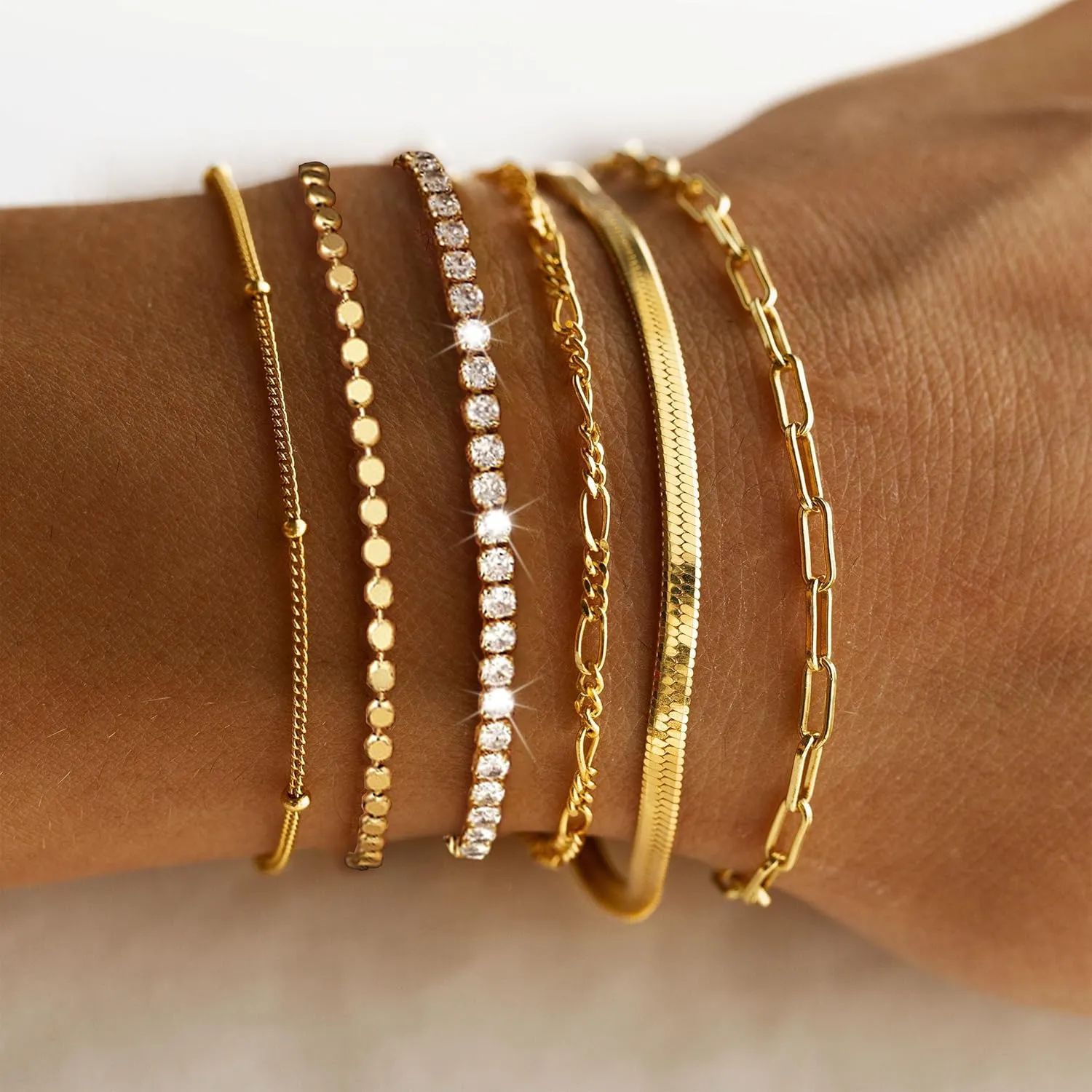 DEARMAY Waterproof Gold Bracelets Set for Women Trendy, Dainty 14K Real Gold Plated Jewelry Fashion Stackable Tennis Beaded Figaro Herringbone Paperclip Link Bracelet Pack Stack Gifts for Women