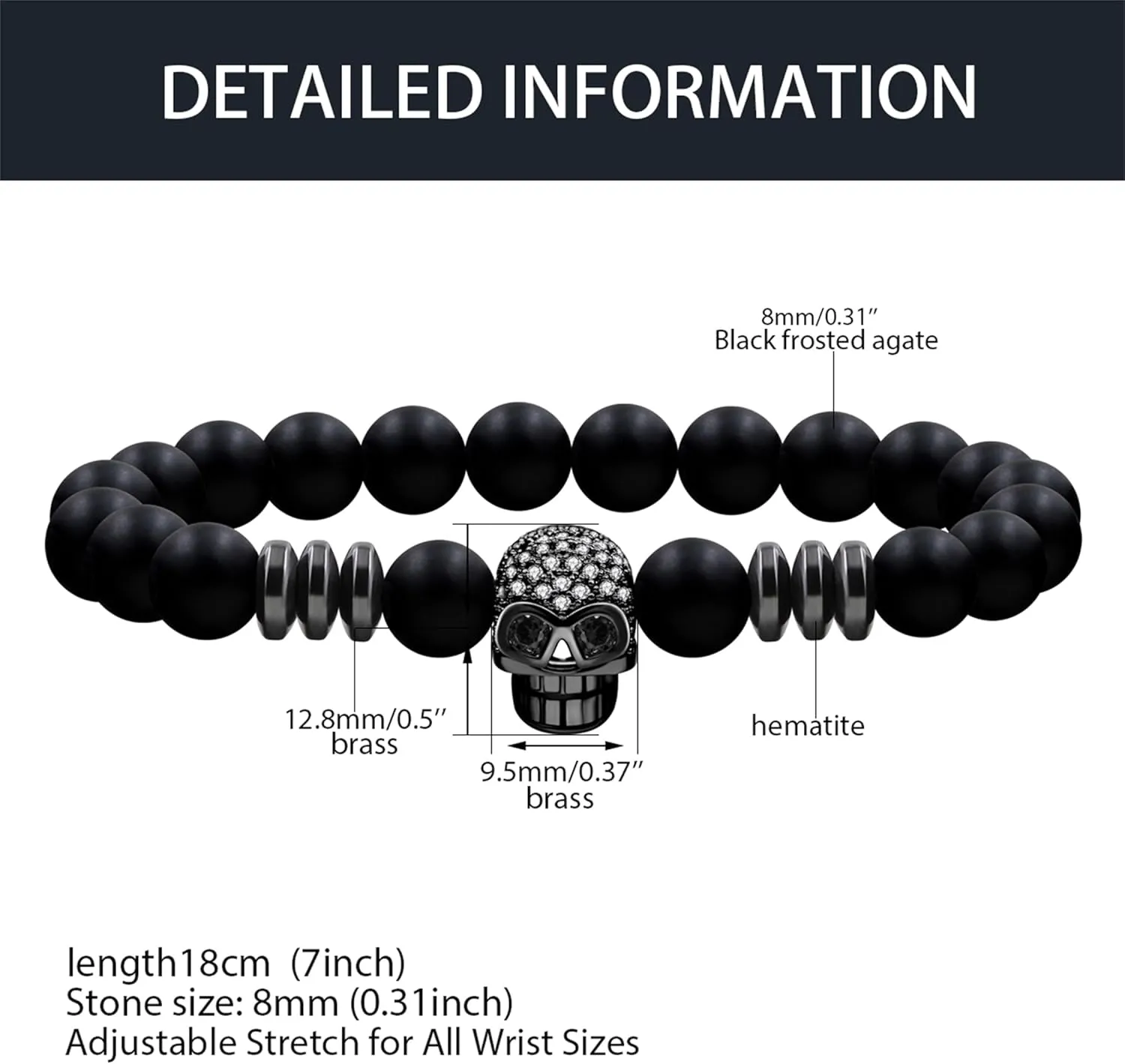 Death Skull Charm with Black Matte Onyx and Lava Stone 8mm Beads Stretch Bracelet for Men Women Natural Black White Stone Beaded Adjustable Halloween Skull Bracelet