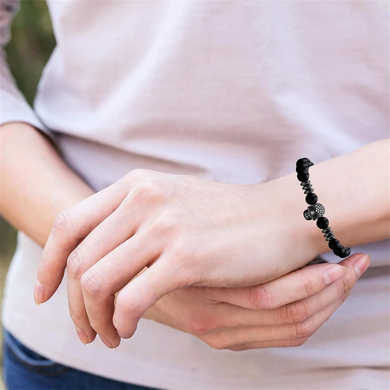 Death Skull Charm with Black Matte Onyx and Lava Stone 8mm Beads Stretch Bracelet for Men Women Natural Black White Stone Beaded Adjustable Halloween Skull Bracelet