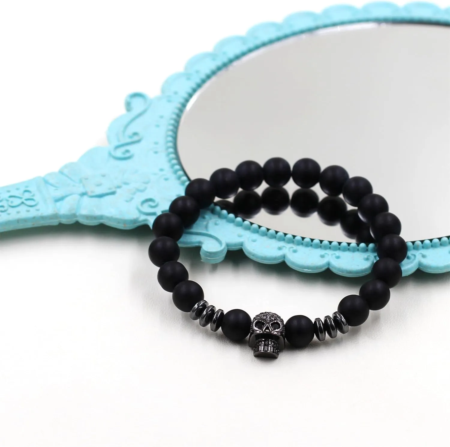 Death Skull Charm with Black Matte Onyx and Lava Stone 8mm Beads Stretch Bracelet for Men Women Natural Black White Stone Beaded Adjustable Halloween Skull Bracelet
