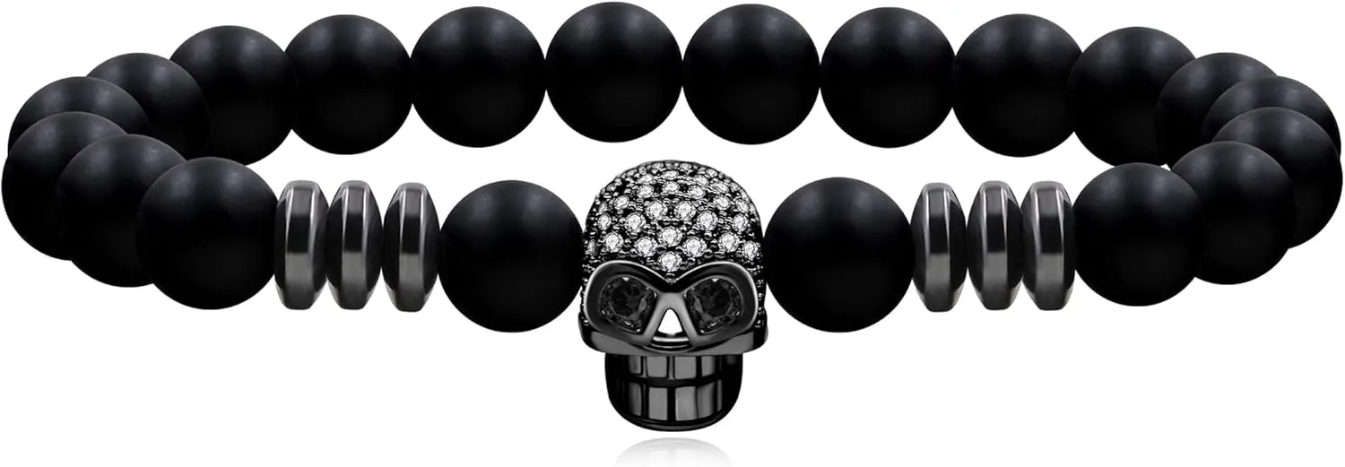 Death Skull Charm with Black Matte Onyx and Lava Stone 8mm Beads Stretch Bracelet for Men Women Natural Black White Stone Beaded Adjustable Halloween Skull Bracelet