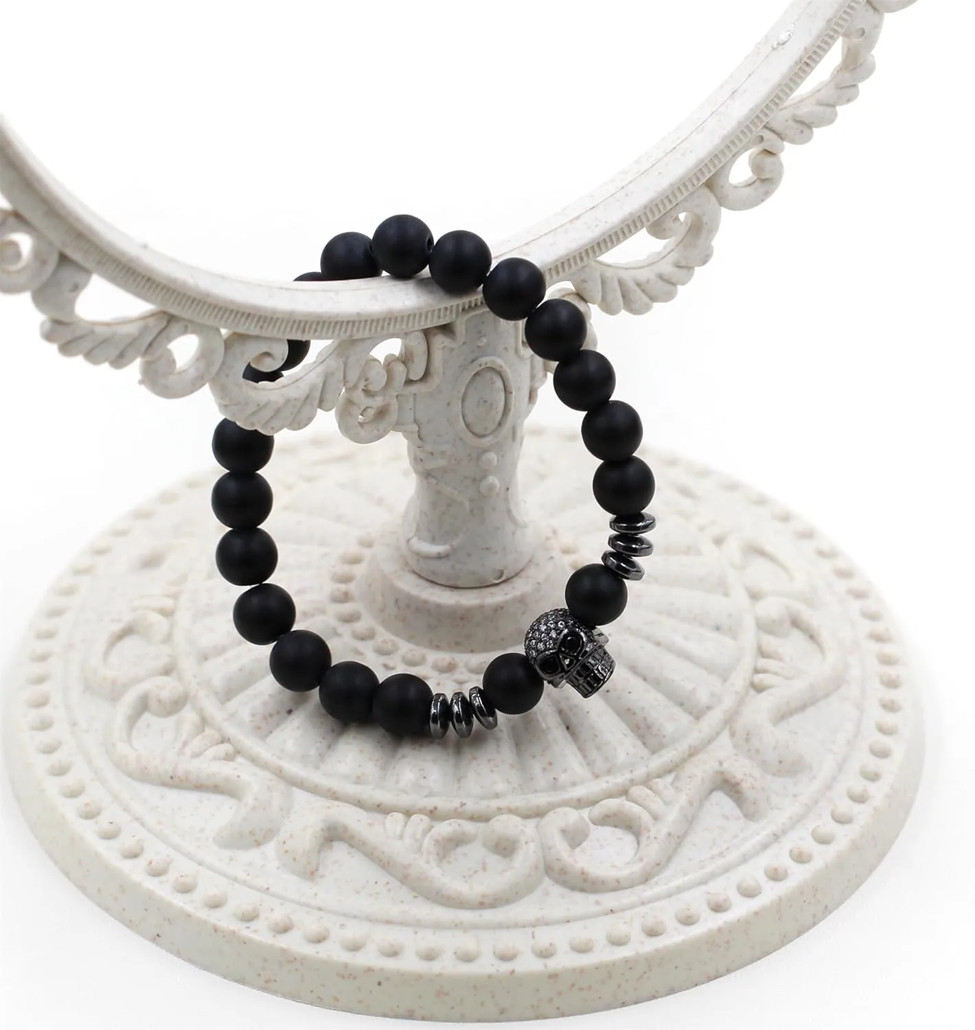 Death Skull Charm with Black Matte Onyx and Lava Stone 8mm Beads Stretch Bracelet for Men Women Natural Black White Stone Beaded Adjustable Halloween Skull Bracelet