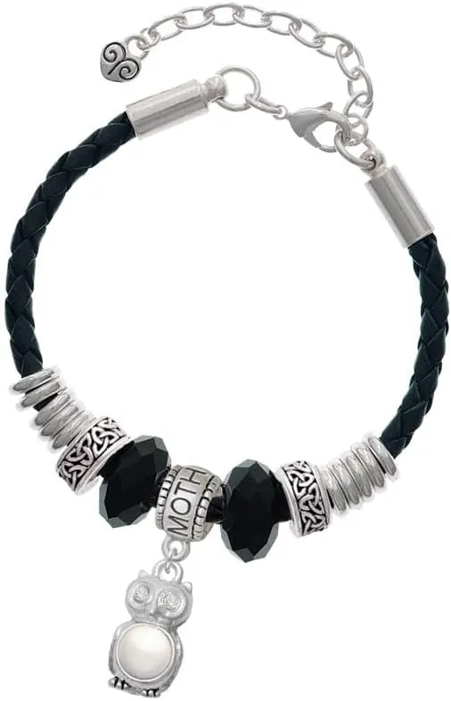 Delight Jewelry Silvertone 3-D Crystal Owl - Mother Celtic Knot Leather Bead Bracelet, 7" 2" Extender