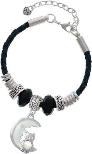 Delight Jewelry Silvertone Large Owl Sitting on Moon - Grandmother Celtic Knot Leather Bead Bracelet, 7" 2" Extender