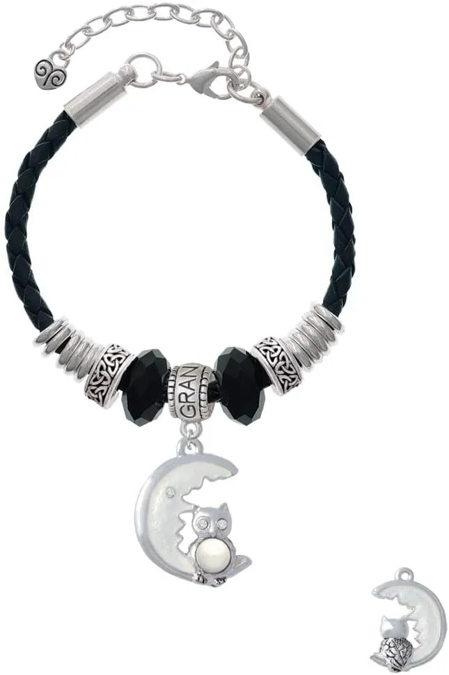 Delight Jewelry Silvertone Large Owl Sitting on Moon - Grandmother Celtic Knot Leather Bead Bracelet, 7" 2" Extender