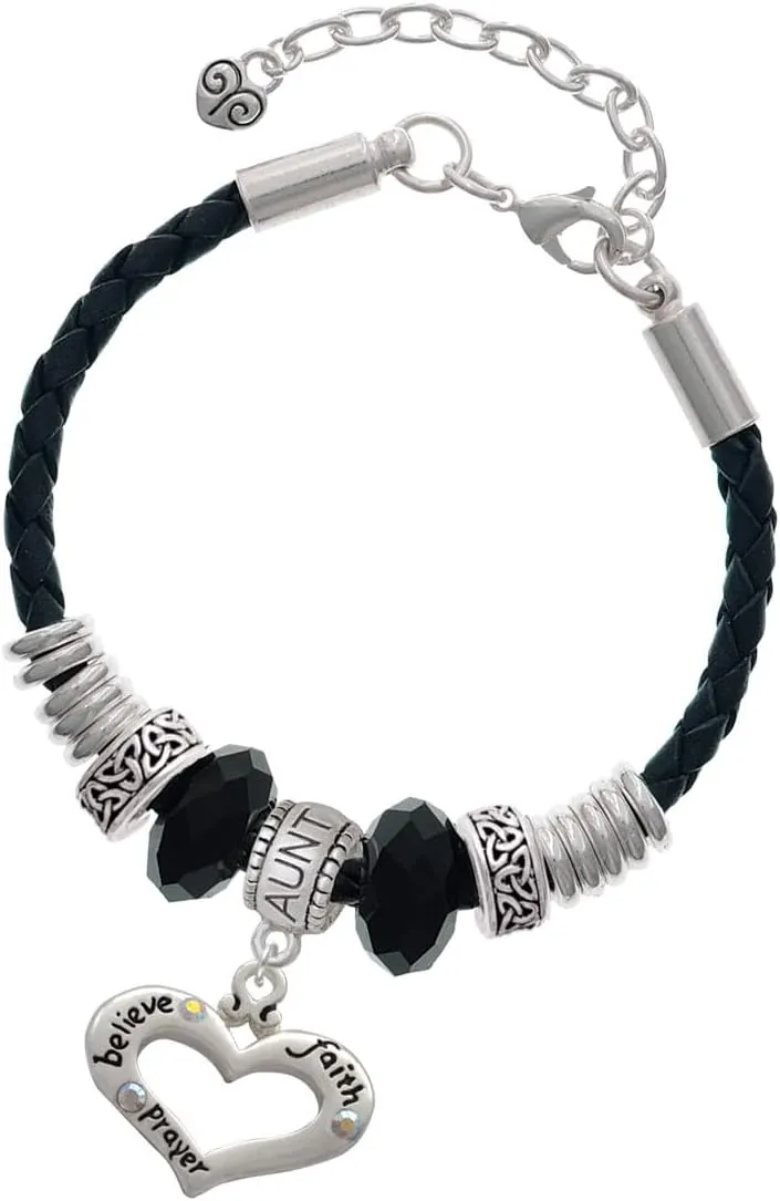 Delight Jewelry Silvertone Message Heart with 3 AB Crystals - Aunt Celtic Knot Leather Bead Bracelet, 7" 2" Extender