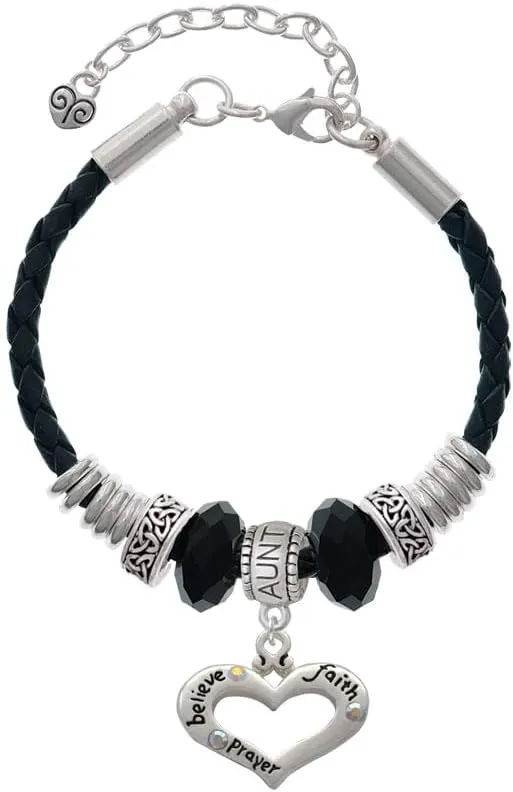 Delight Jewelry Silvertone Message Heart with 3 AB Crystals - Aunt Celtic Knot Leather Bead Bracelet, 7" 2" Extender