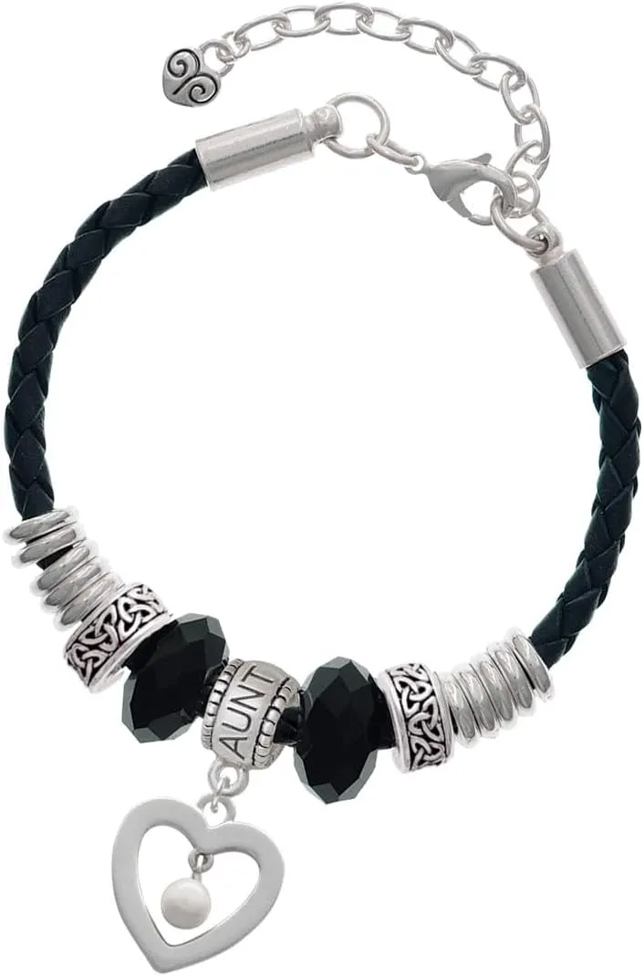 Delight Jewelry Silvertone Open heart with Imitation Pearl Drop - Aunt Celtic Knot Leather Bead Bracelet, 7" 2" Extender