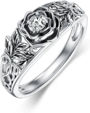 Diamond Rose Flower Ring for Women 925 Sterling Silver Band Ring 0.1 Carat Lab Grown Diamond Jewelry Gifts for Her