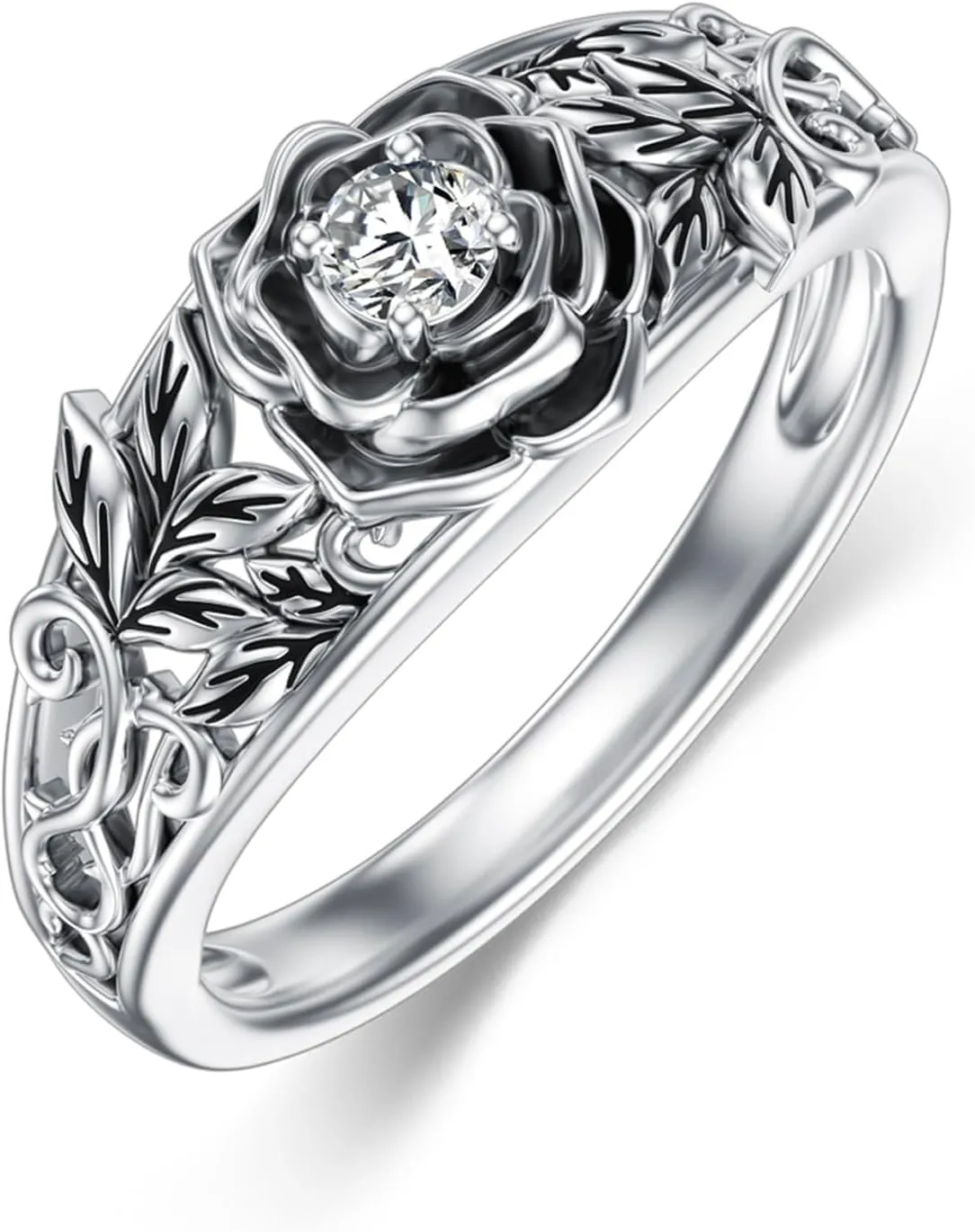 Diamond Rose Flower Ring for Women 925 Sterling Silver Band Ring 0.1 Carat Lab Grown Diamond Jewelry Gifts for Her