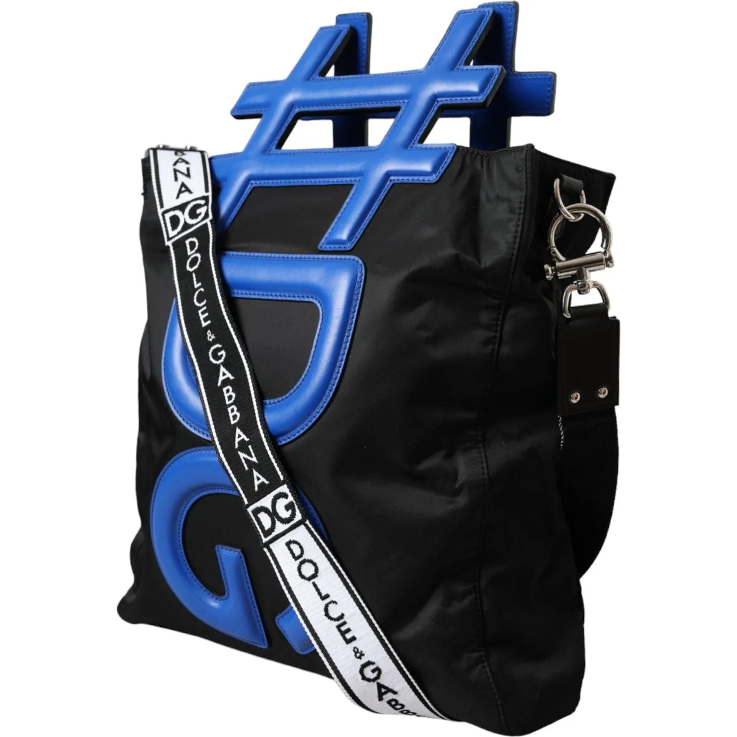 Dolce & Gabbana Black Nylon Blue Leather Hashtag Shopping Tote Bag