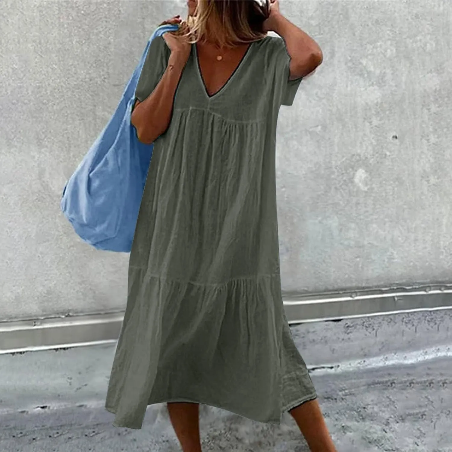 Dresses for Women 2024 Casual Tiered Gradient Summer Flowy Dresses V Neck Short Sleeve Loose Maxi Sundress Dresses