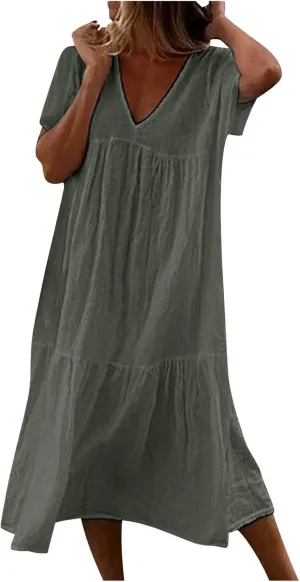 Dresses for Women 2024 Casual Tiered Gradient Summer Flowy Dresses V Neck Short Sleeve Loose Maxi Sundress Dresses