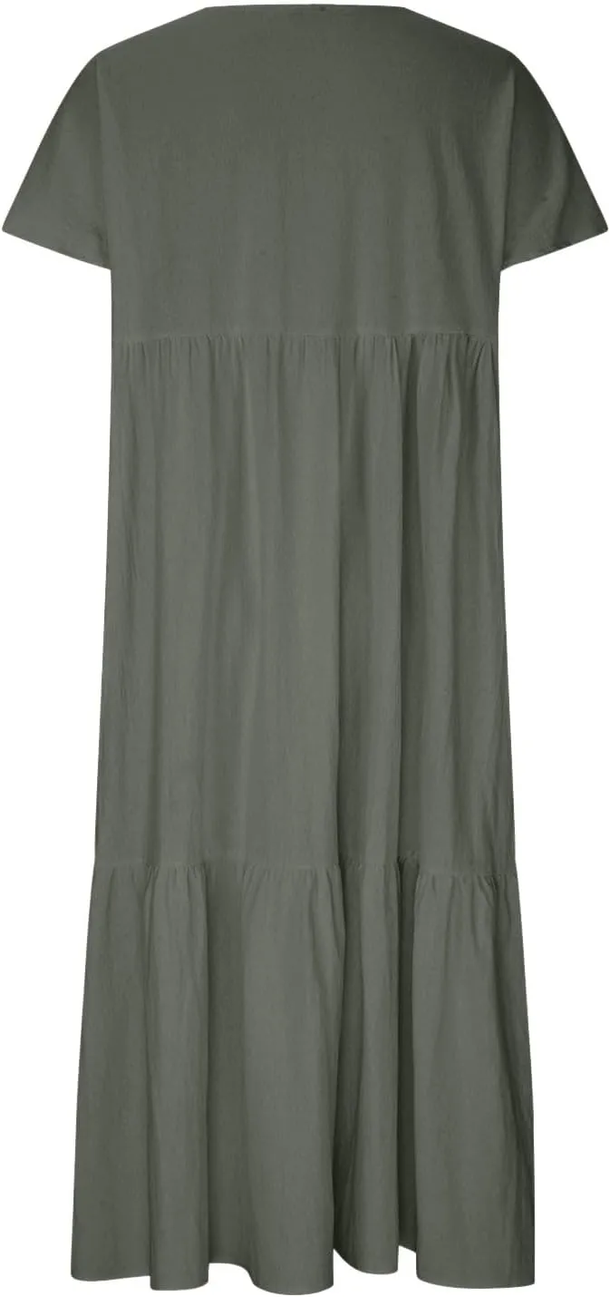 Dresses for Women 2024 Casual Tiered Gradient Summer Flowy Dresses V Neck Short Sleeve Loose Maxi Sundress Dresses