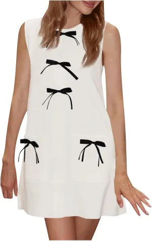 Dresses for Women 2025 Casual Crew Neck Sleeveless Tunic Dress Cute Solid Color Bow tie A Line Mini Dresses