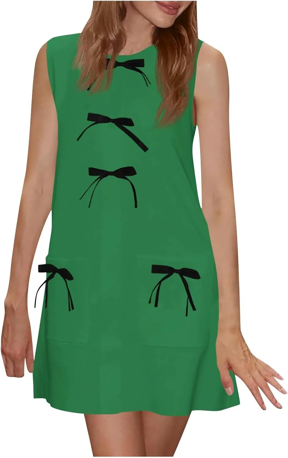 Dresses for Women 2025 Casual Crew Neck Sleeveless Tunic Dress Cute Solid Color Bow tie A Line Mini Dresses