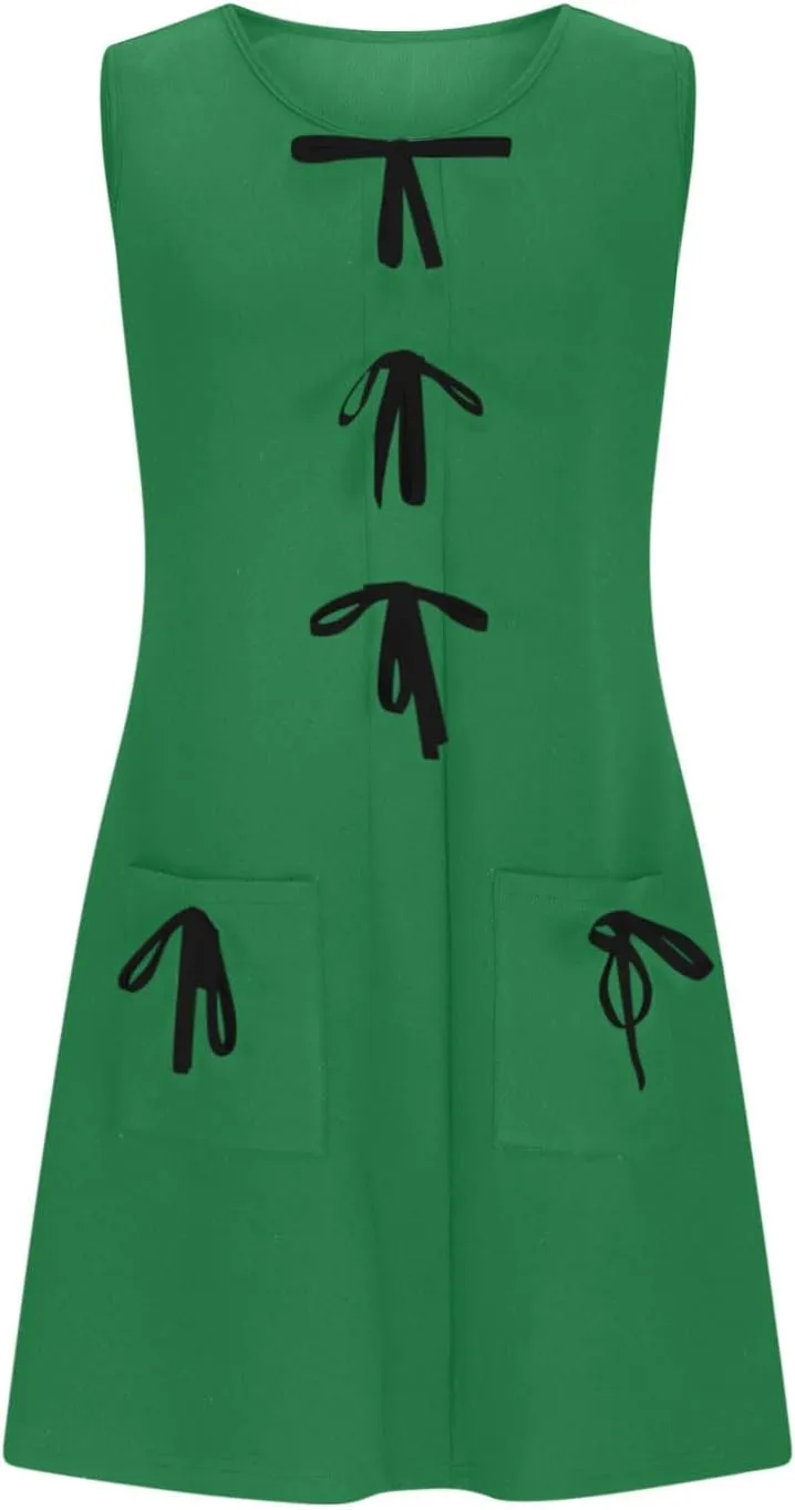 Dresses for Women 2025 Casual Crew Neck Sleeveless Tunic Dress Cute Solid Color Bow tie A Line Mini Dresses