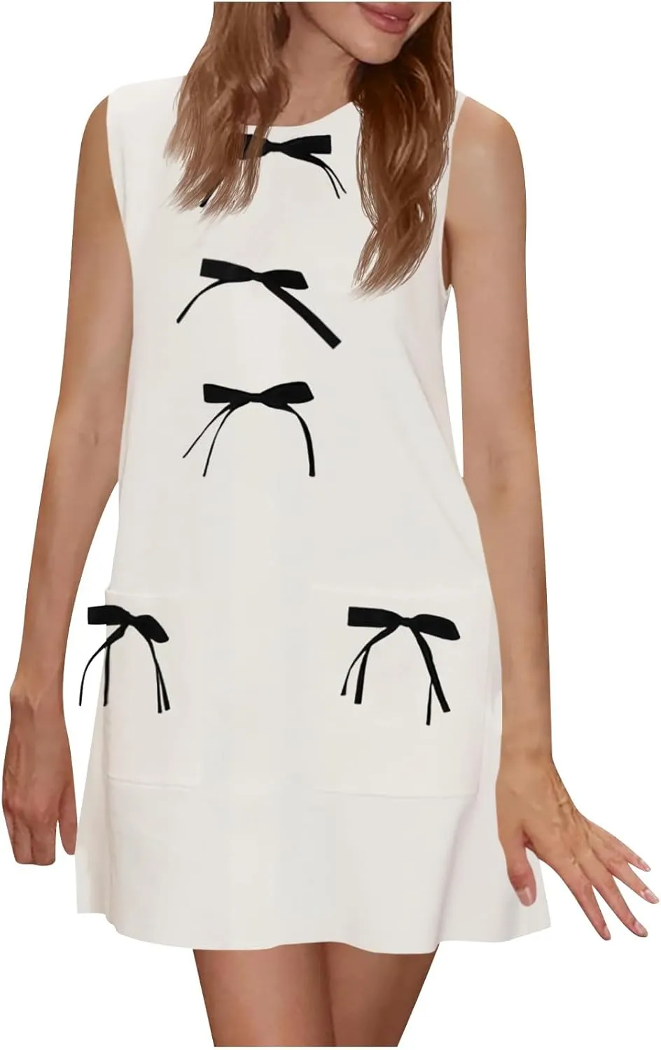 Dresses for Women 2025 Casual Crew Neck Sleeveless Tunic Dress Cute Solid Color Bow tie A Line Mini Dresses