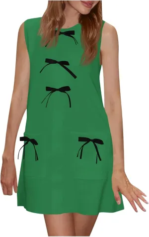 Dresses for Women 2025 Casual Crew Neck Sleeveless Tunic Dress Cute Solid Color Bow tie A Line Mini Dresses