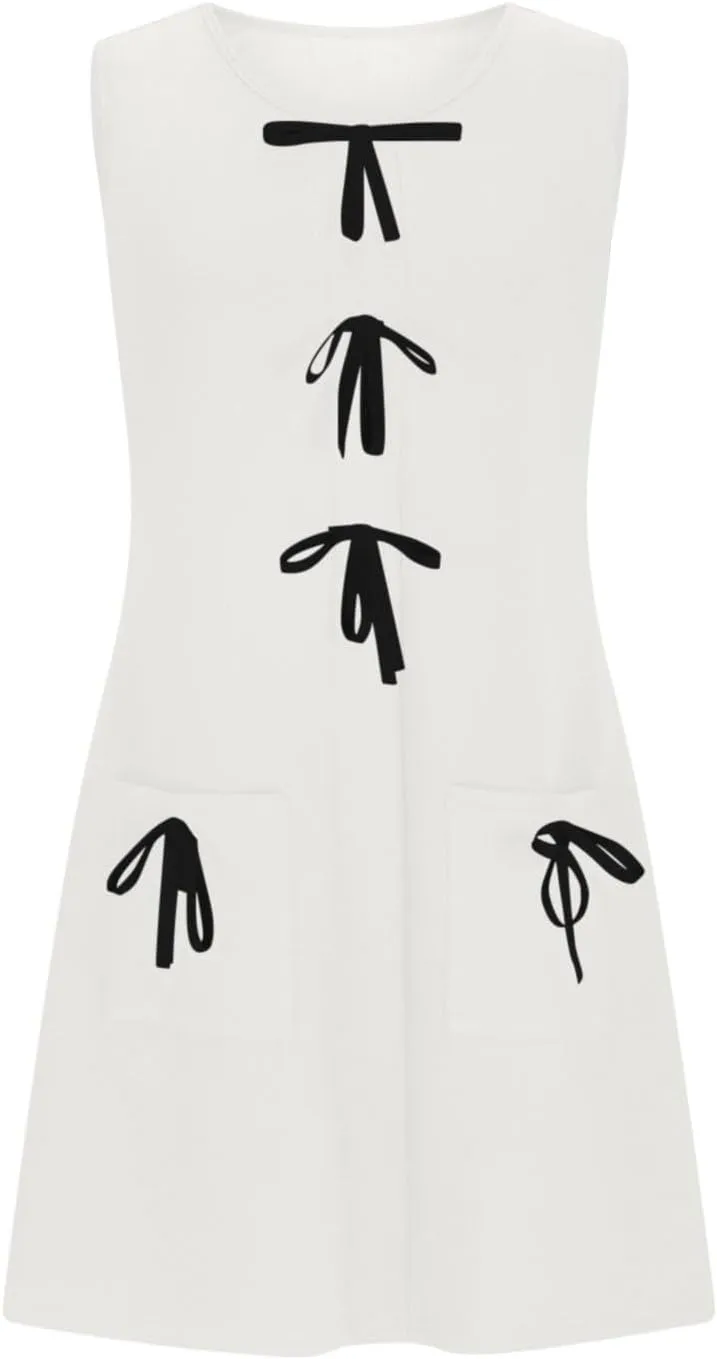 Dresses for Women 2025 Casual Crew Neck Sleeveless Tunic Dress Cute Solid Color Bow tie A Line Mini Dresses