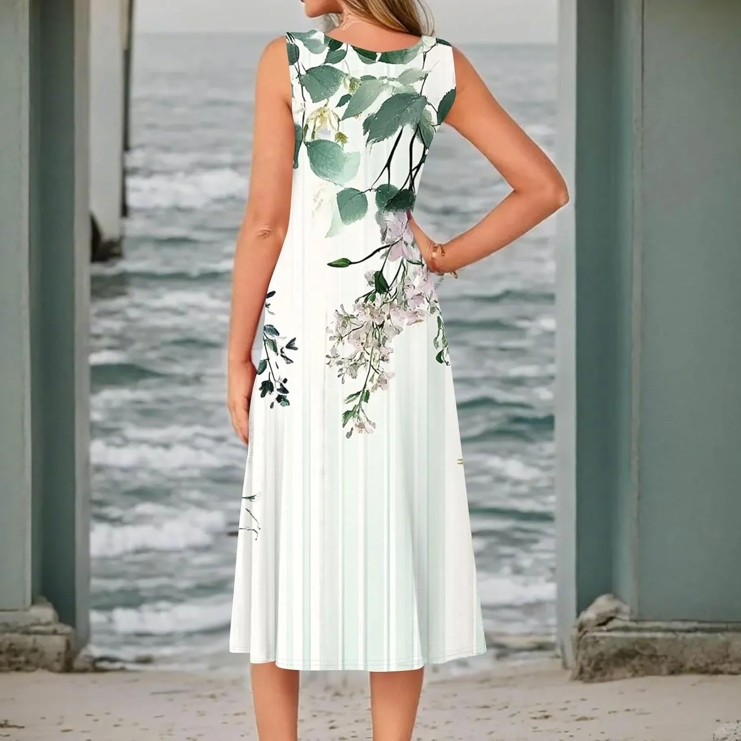 Dresses for Women Midi A Line Dress Sleeveless Casual Flowy Beach Long Sundress with Pockets 2025 Vacation Travel