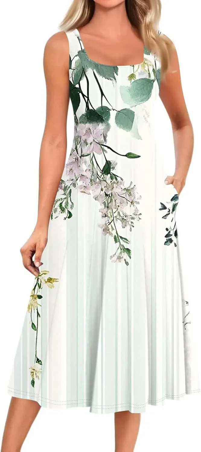 Dresses for Women Midi A Line Dress Sleeveless Casual Flowy Beach Long Sundress with Pockets 2025 Vacation Travel