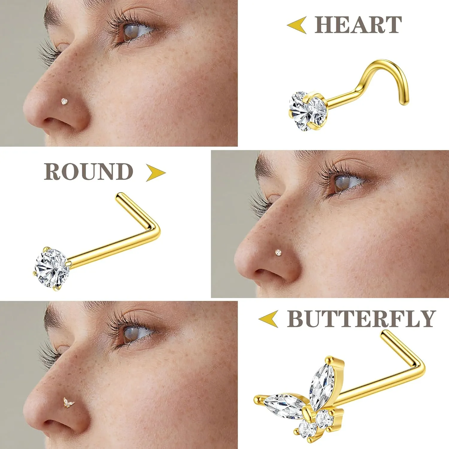 Drperfect Nose Studs Nose Rings 18G 20G Nose Rings Studs Gold Small Nose Studs - L Shaped Corkscrew Hoop Nose Ring - CZ Butterfly Heart Flower 316L Surgical Steel Tiny Nostril Nose Piercing Jewelry for Women Men 11Pcs