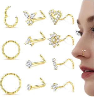 Drperfect Nose Studs Nose Rings 18G 20G Nose Rings Studs Gold Small Nose Studs - L Shaped Corkscrew Hoop Nose Ring - CZ Butterfly Heart Flower 316L Surgical Steel Tiny Nostril Nose Piercing Jewelry for Women Men 11Pcs