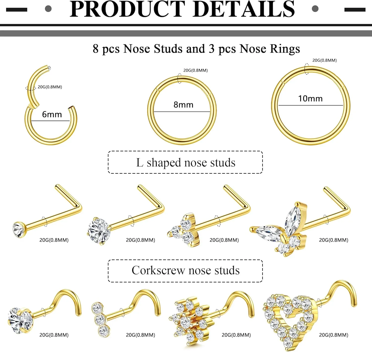 Drperfect Nose Studs Nose Rings 18G 20G Nose Rings Studs Gold Small Nose Studs - L Shaped Corkscrew Hoop Nose Ring - CZ Butterfly Heart Flower 316L Surgical Steel Tiny Nostril Nose Piercing Jewelry for Women Men 11Pcs