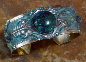 Elaine Coyne Wearable Art Patina Art Deco Motif Cuff Bracelet - Chrysocolla