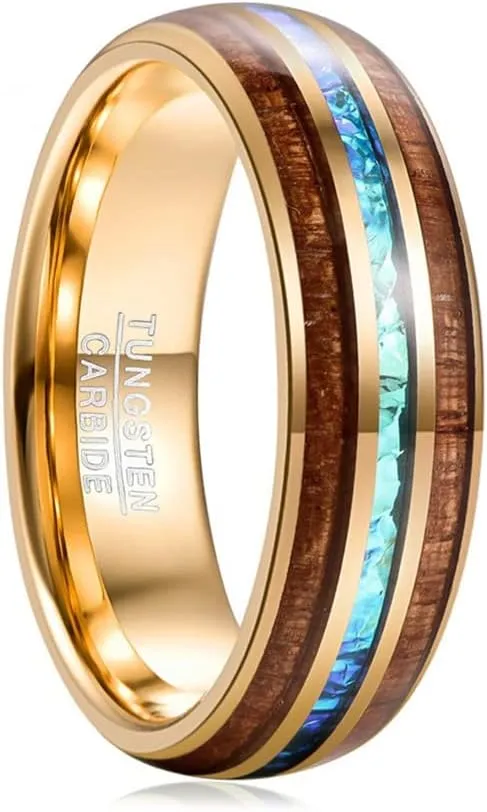 Engagement for Men's Gift 8MM Wide Electroplated Gold Inlaid Acacia   Imitation Opel Dome Tungsten Steel Ring Jewelry