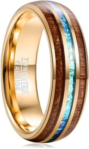 Engagement for Men's Gift 8MM Wide Electroplated Gold Inlaid Acacia   Imitation Opel Dome Tungsten Steel Ring Jewelry