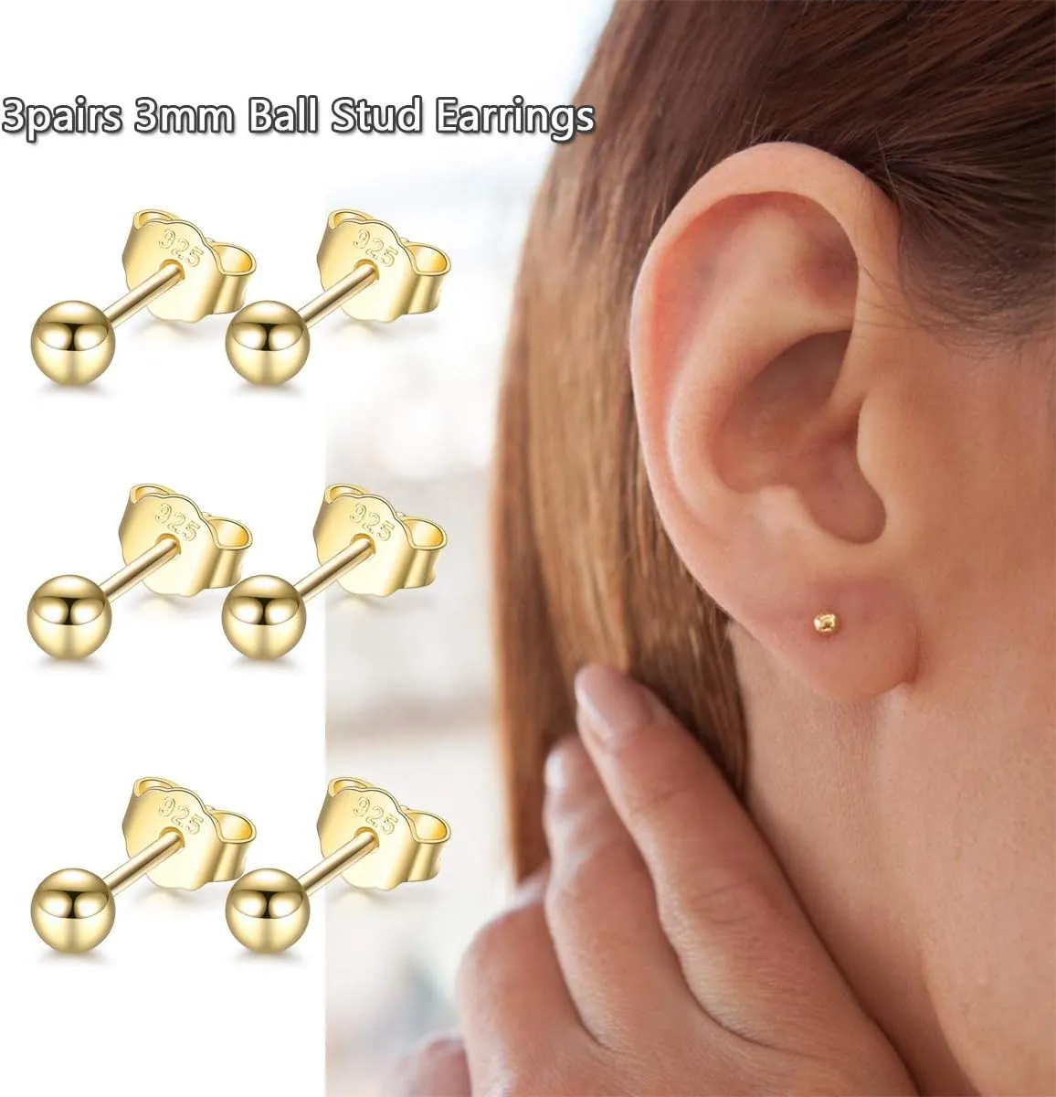 EPIRORA Sterling Silver Stud Earrings for Women Men- 3 Pairs 3mm Tiny Ball Stud Earrings Round CZ Earrings Pearl Earrings Set Cartilage Small Tragus Earrings
